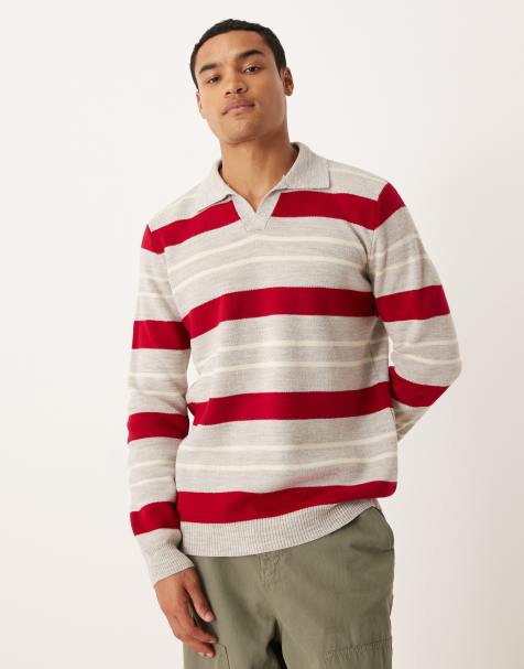 ASOS DESIGN knitted notch neck polo in red and beige stripe - view 1