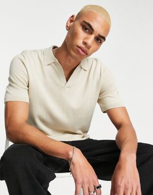 ASOS DESIGN knitted notch neck polo shirt in beige