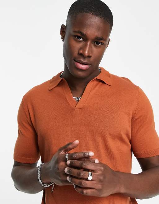 ASOS DESIGN knitted notch neck polo shirt in rust