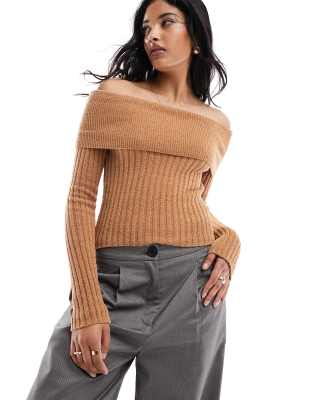 Asos Design Knitted Off Shoulder Bardot Sweater In Teddy Yarn In Tan-brown