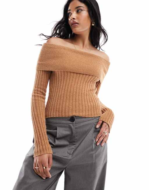 ASOS DESIGN knitted off shoulder bardot sweater in teddy yarn in tan