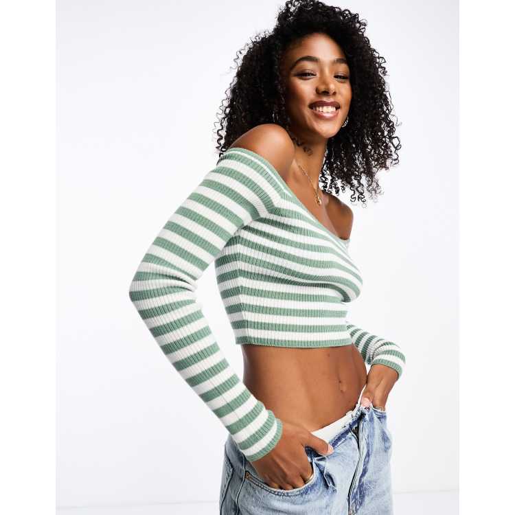 ASOS DESIGN knitted off shoulder crop top in stripe ASOS