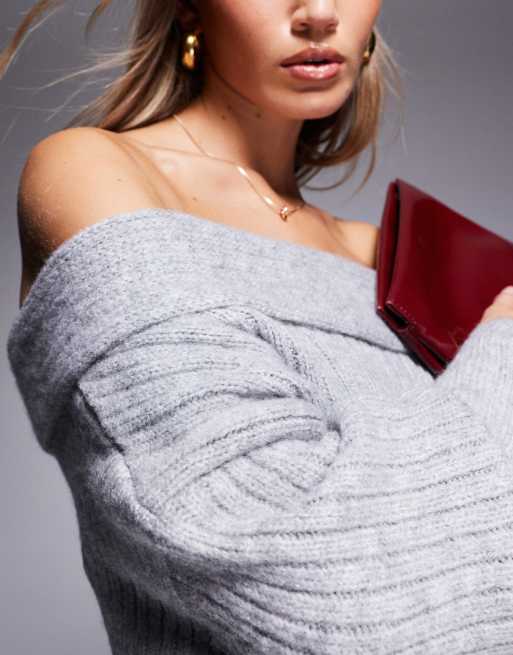 ASOS DESIGN knitted off shoulder jumper dress in grey ASOS