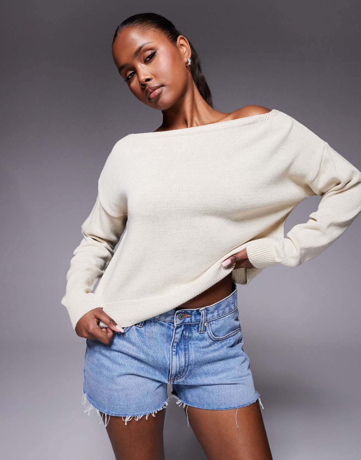 ASOS DESIGN knitted  off shoulder jumper in cream