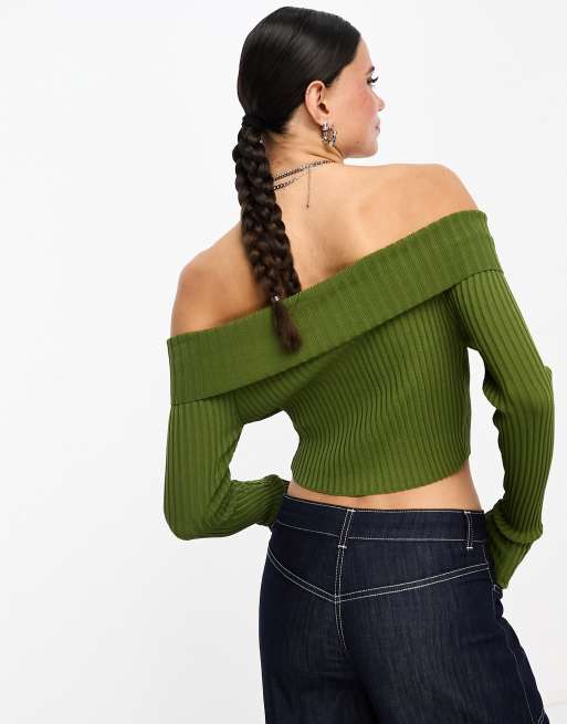 Green off shoulder clearance jumper