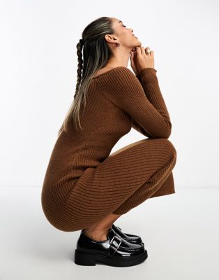 ASOS DESIGN knitted off shoulder maxi dress in chocolate