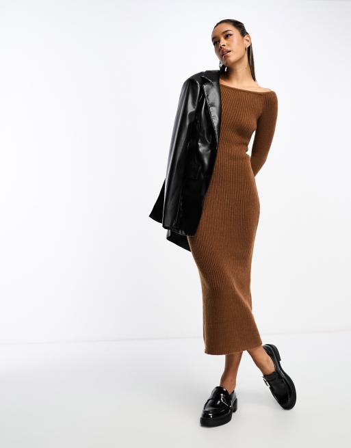 ASOS DESIGN knitted off shoulder maxi dress in chocolate