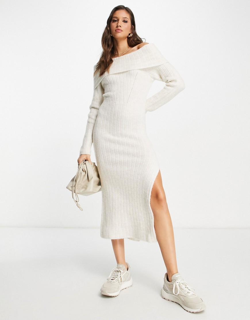 ASOS DESIGN knitted off shoulder maxi dress in cream-White