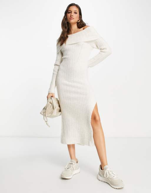 Off The Shoulder Sweater Dress in Off White