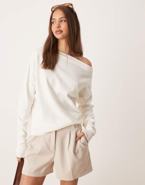 ASOS DESIGN knitted off shoulder slouchy top in cream