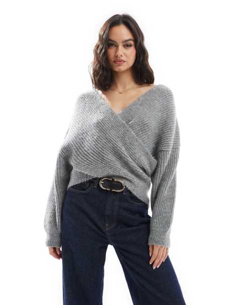 ASOS DESIGN knitted off shoulder sweater in gray - view 1