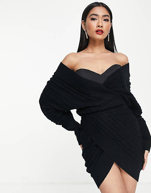 Dresses knitted off shoulder wrap mini dress with corset bodice 