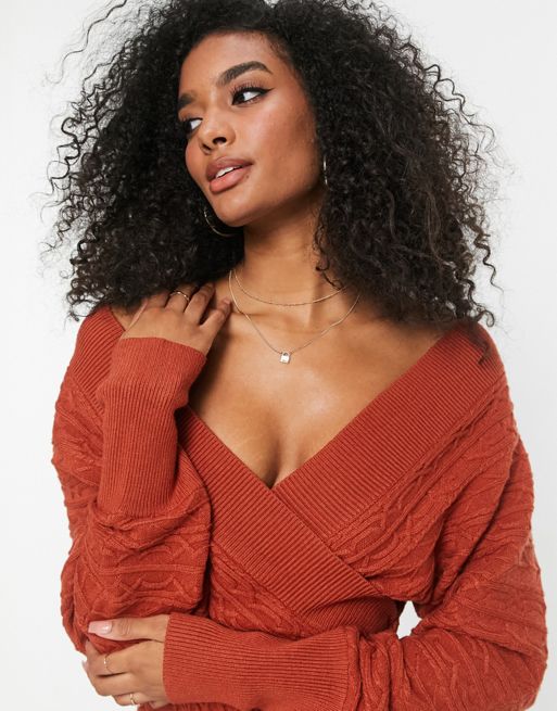 ASOS DESIGN knitted off shoulder wrap mini dress with corset