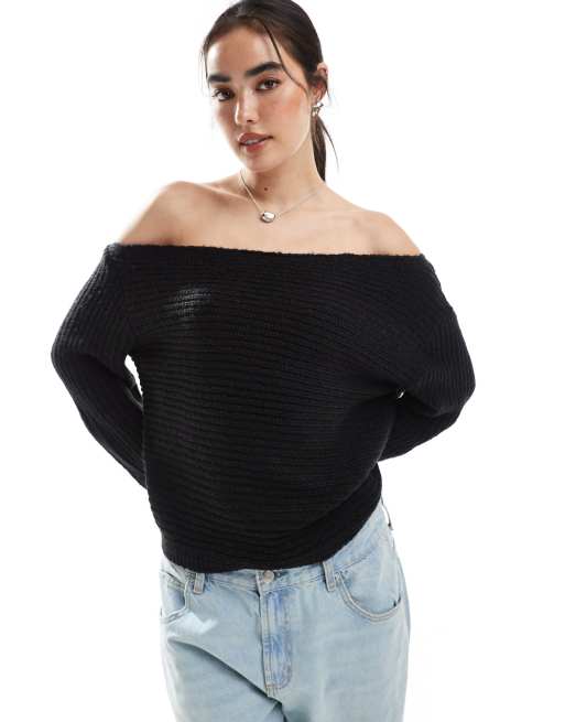 ASOS DESIGN knitted off the shoulder slouchy jumper in black, 2 of 4