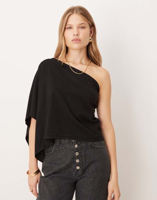 ASOS DESIGN knitted one shoulder cape in mocha
