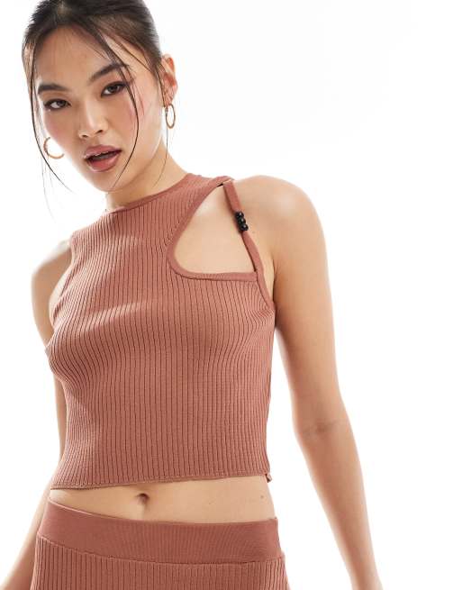 ASOS DESIGN knitted one shoulder cut out top in brown (part of a set)