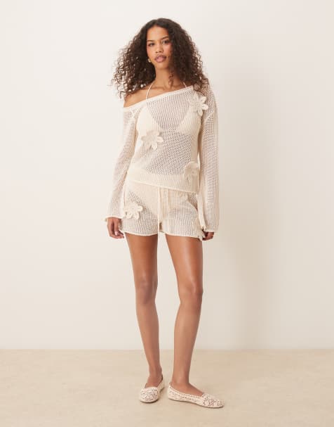 ASOS DESIGN knitted one shoulder jumper co-ord with 3D flowers in ecru - view 1