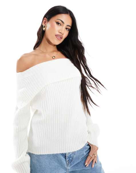 ASOS DESIGN knitted one shoulder jumper in ecru - view 1