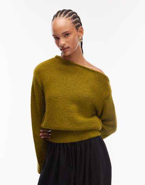 ASOS DESIGN knitted one shoulder jumper with cinched waist in olive - view 1