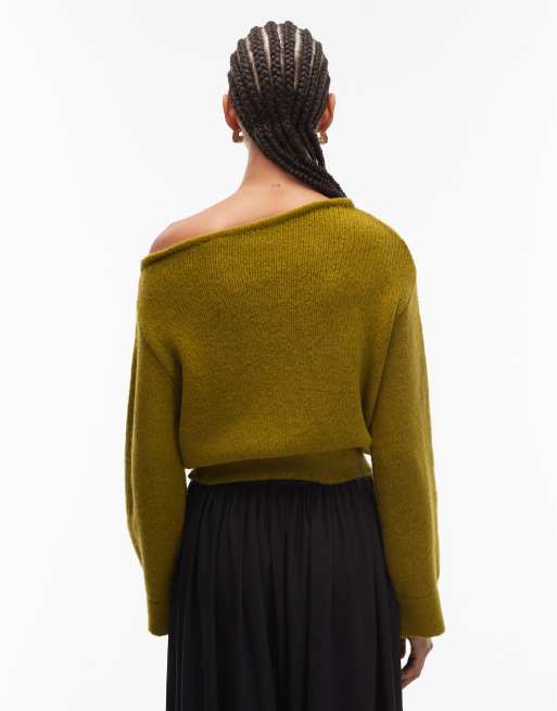 ASOS DESIGN knitted one shoulder jumper with cinched waist in olive, 3 of 4