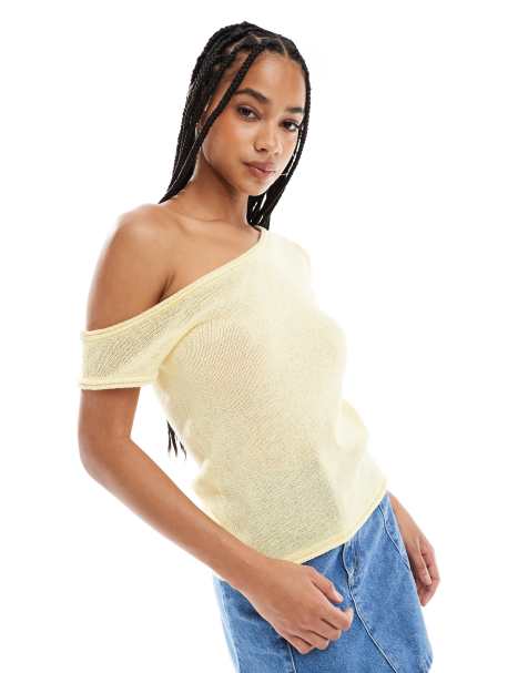 ASOS DESIGN knitted one shoulder top in buttermilk yellow - view 1