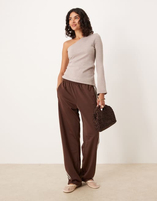 ASOS DESIGN knitted one shoulder top with runching in mocha