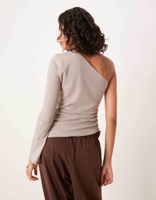 ASOS DESIGN knitted one shoulder top with runching in mocha