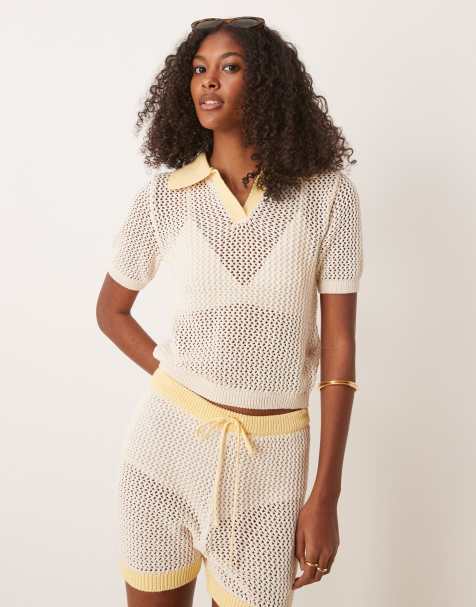ASOS DESIGN knitted open stitch contrast trim polo top in cream and yellow (Part of a set) - view 1