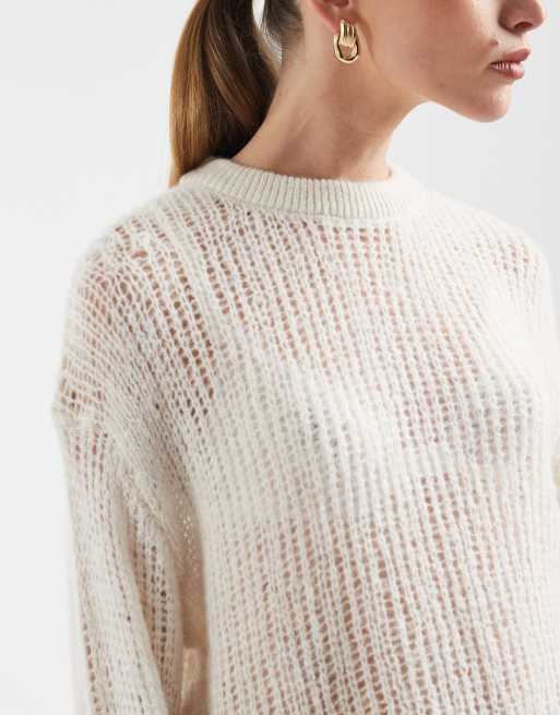 ASOS DESIGN knitted open stitch jumper in ecru, 3 of 4