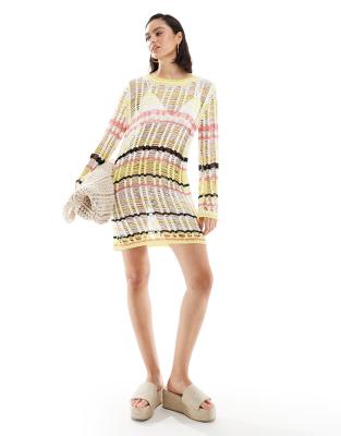 ASOS DESIGN knitted open stitch long sleeve mini dress in stripe-Multi