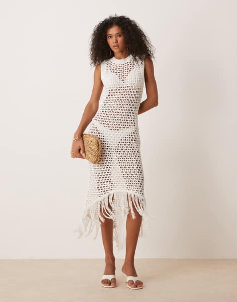 ASOS DESIGN knitted open stitch midaxi dress with fringe hem in white - view 1