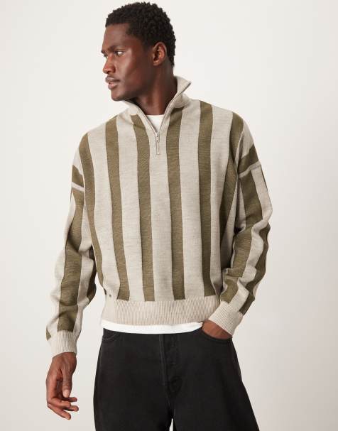 ASOS DESIGN knitted oversized boxy dropped shoulder half zip jumper in beige - view 1