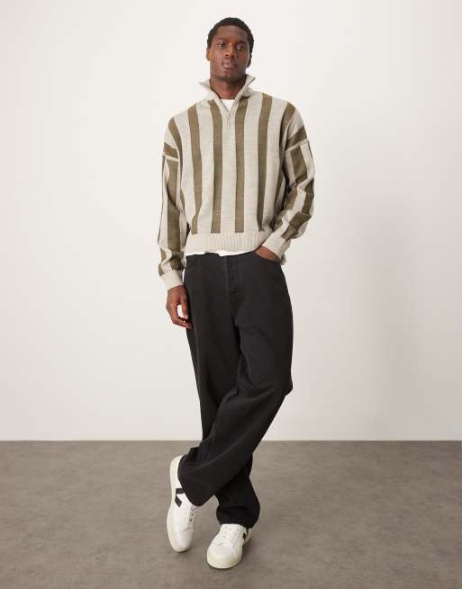 ASOS DESIGN knitted oversized boxy dropped shoulder half zip jumper in beige ASOS