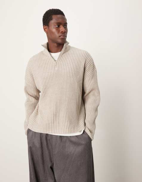 ASOS DESIGN knitted oversized boxy half zip jumper in beige - view 1