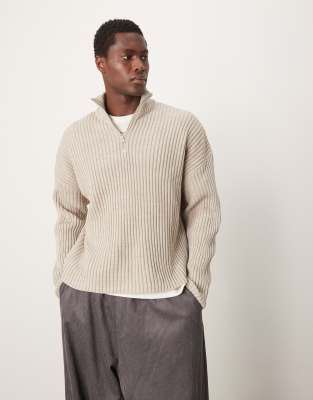 Asos Design Knitted Oversized Boxy Half Zip Sweater In Beige-neutral