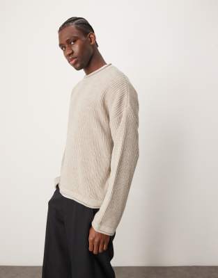 ASOS DESIGN knitted oversized boxy jumper with rolled neck in stone-Neutral