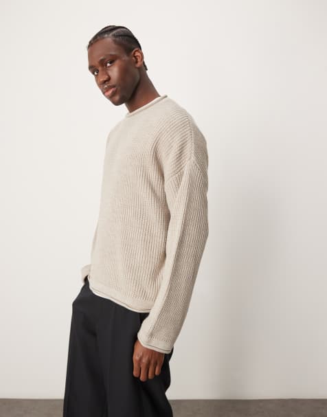 ASOS DESIGN knitted oversized boxy jumper with rolled neck in stone - view 1