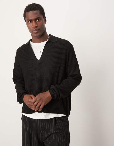 ASOS DESIGN knitted oversized boxy long sleeve polo in black - view 1