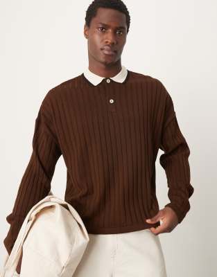 Asos Design Knitted Oversized Boxy Long Sleeve Polo In Brown
