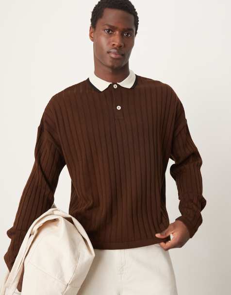 ASOS DESIGN knitted oversized boxy long sleeve polo in brown with contrast collar - view 1