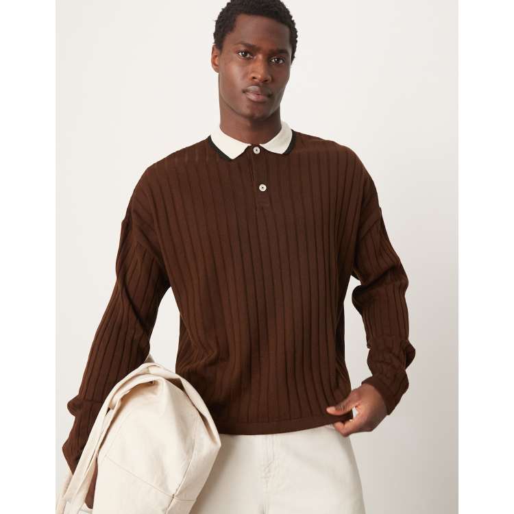ASOS DESIGN knitted oversized boxy long sleeve polo in brown with contrast  collar | ASOS