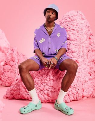 ASOS DESIGN knitted oversized button through polo co-ord in purple floral
