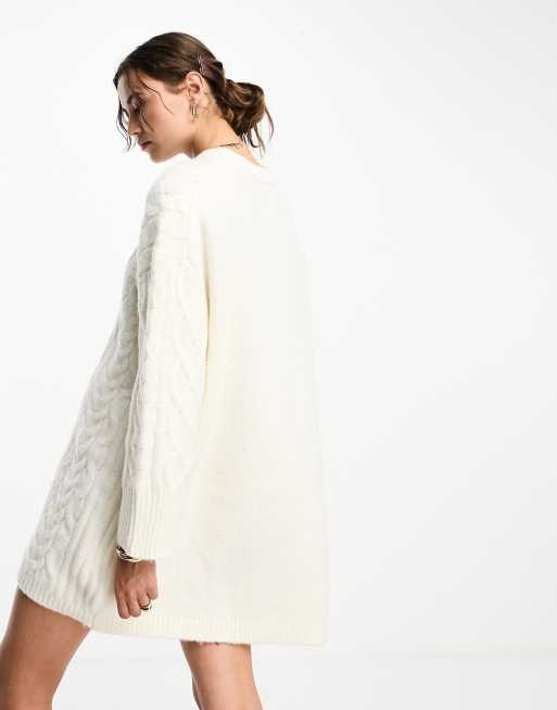 ASOS DESIGN knitted oversized cable mini jumper dress in cream