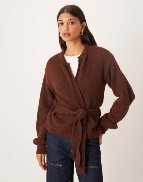 ASOS DESIGN knitted oversized cardigan with tie waist with wool in brown - view 1