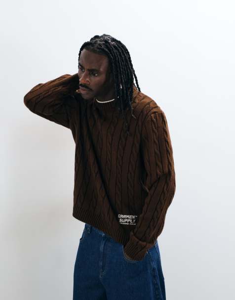 ASOS DESIGN knitted oversized chunky cable jumper with embroidery in brown - view 1