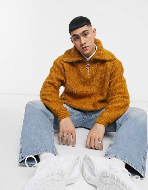 ASOS DESIGN knitted oversized collar sweater in tan plush texture | ASOS