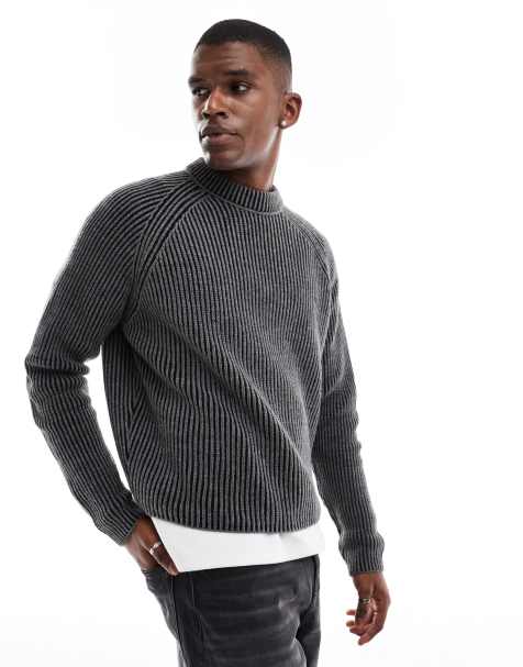 ASOS DESIGN knitted oversized cropped pleated rib jumper in charcoal - view 1