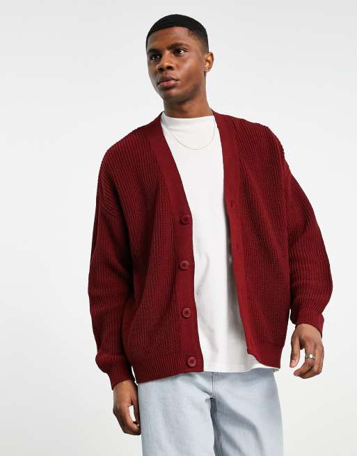 Legende kleinhandel belasting ASOS DESIGN knitted oversized fisherman rib cardigan in burgundy | ASOS