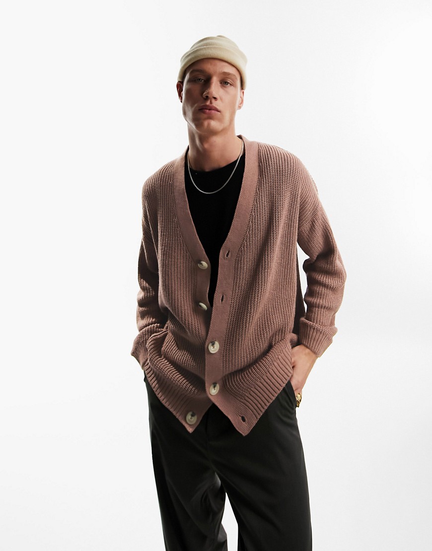 ASOS DESIGN knitted oversized fisherman rib cardigan in taupe-Neutral