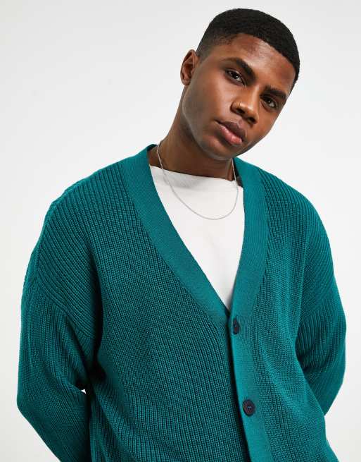 ASOS DESIGN knitted oversized fisherman rib cardigan in teal